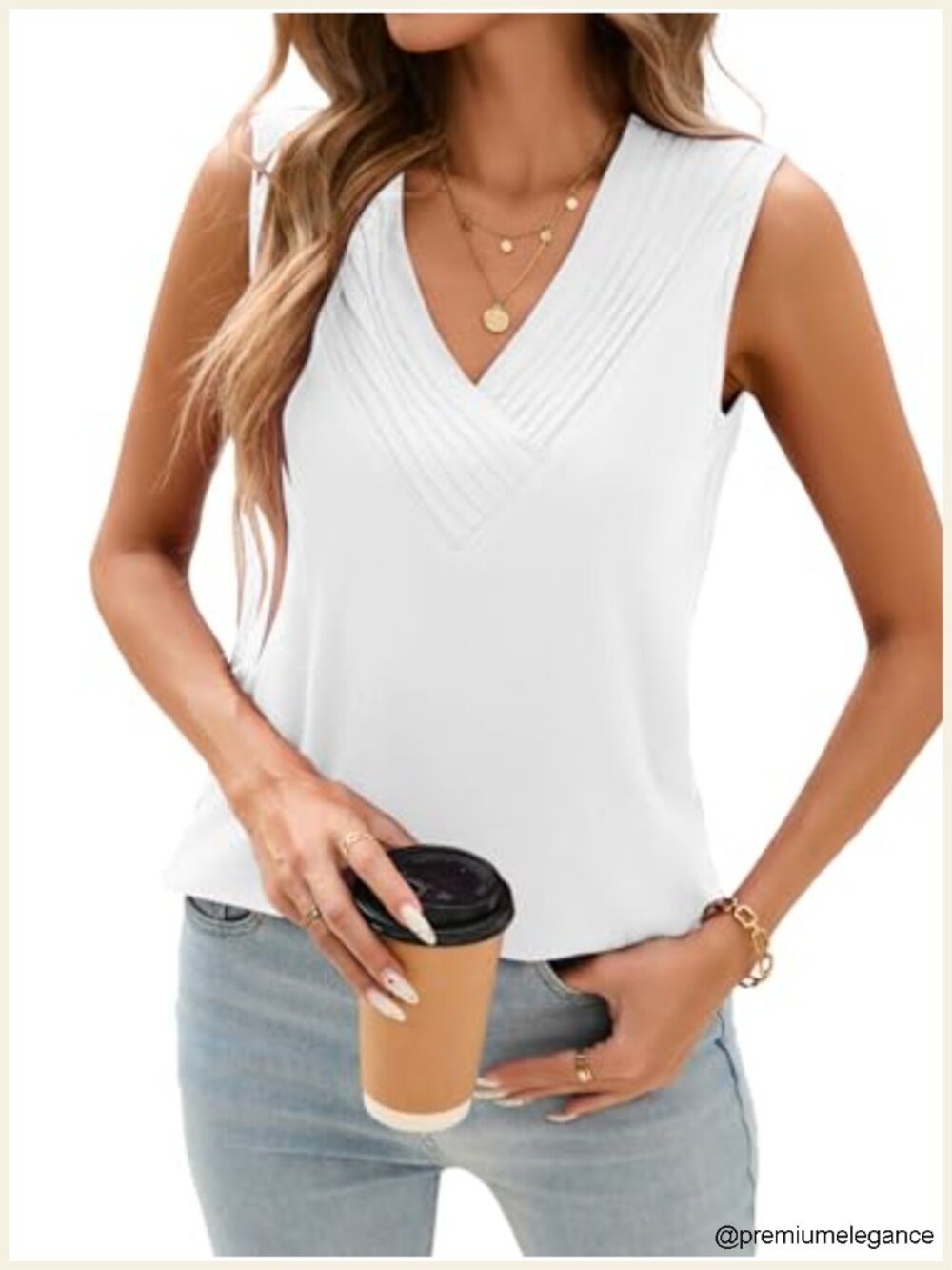 Womens Pleated V Neck Sleeveless Tank Top Loose Fit Summer Tunic Camisole
